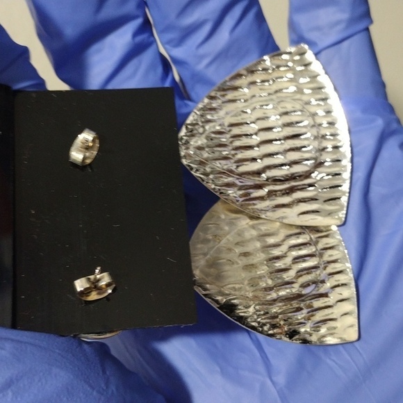 Two-Tone Triangle Drop Earrings | Polished Silver & Gold Teardrop Dangle Jewelry - Picture 6 of 7